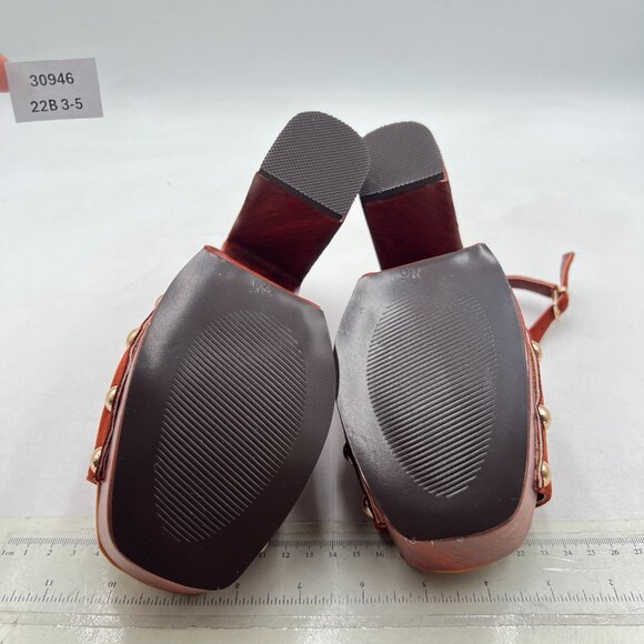 YDN Brown Rivet Studded Platform Chunky High Heeled Sandal Slingback Buckle Shoe - Picture 7 of 8